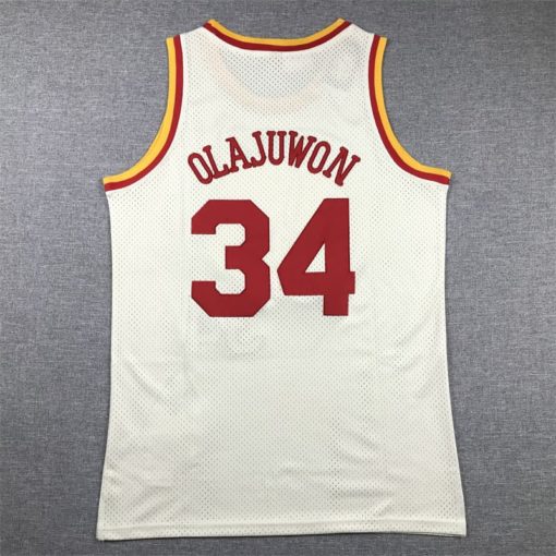 Hakeem Olajuwon 34 Red Houston Cream Chainstitch Swingman Jersey back